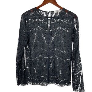 Sandro Vintage | Black Open Crochet Lace Long Sleeve Sheer Blouse